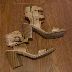 open toed tan heels